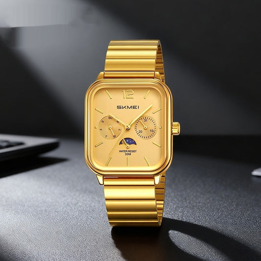 Stylish Multifunctional Square Watch With A Six-hand Moon Phase Display Designed For Business And Featuring Water Resistance