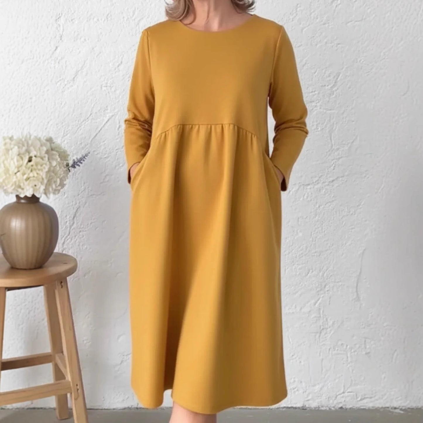 Solid-color Pleated Crew-neck Long-sleeve Dress With Pockets