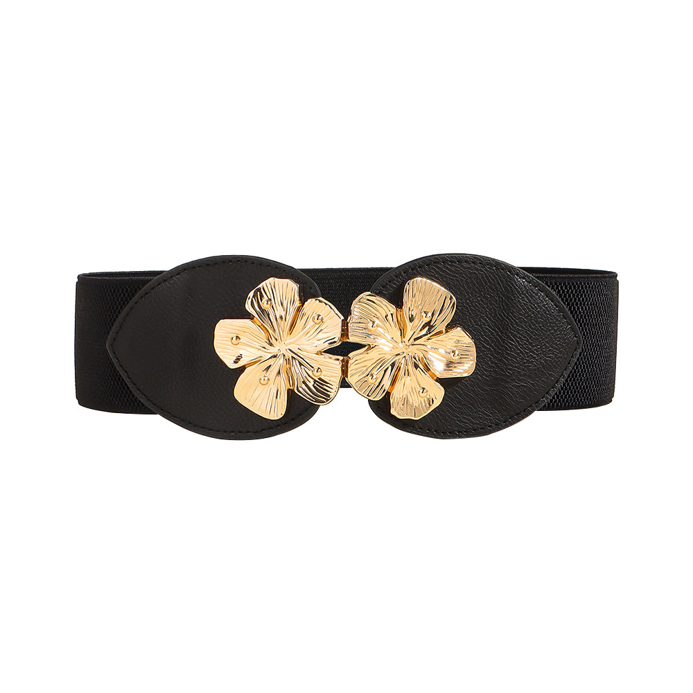 Women's Stretch Elastic Belt Floral Metal Buckle Wide Waist With Coat Skirt
