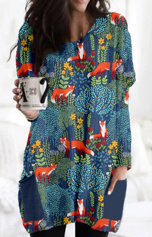 Picasso-style Casual Mid-length Loose-fitting Womens Dress With A Crew Neck