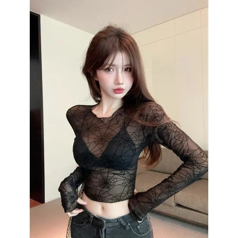 Mesh gennemsigtig tynd slim-fit slankende kort top til kvinder