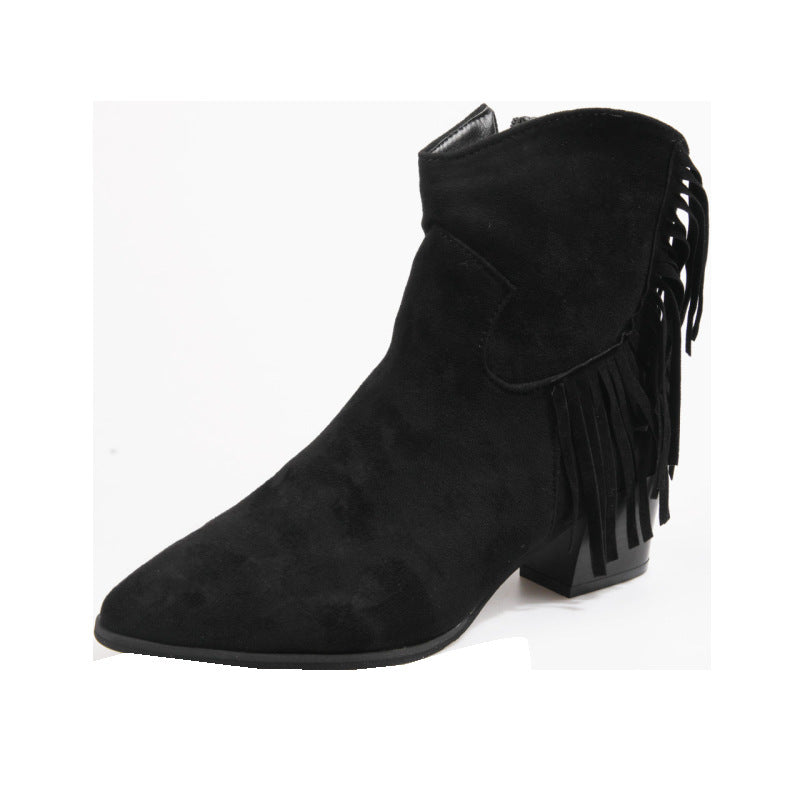 Plus Size Women's Tassel Boots Women's Boots Pointed Toe Thick Heel