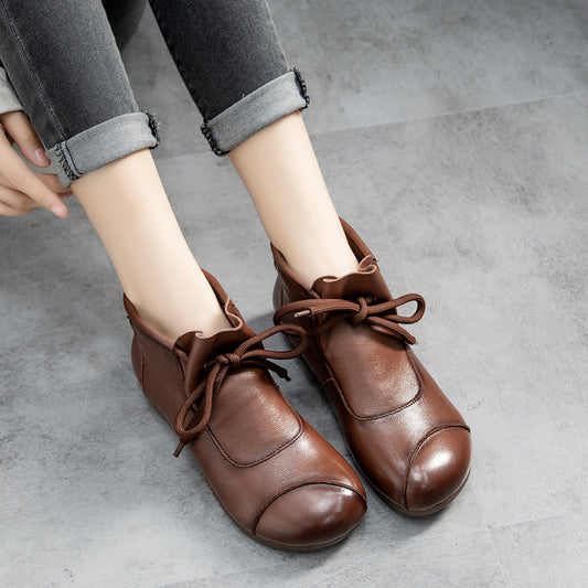 Retro Ethnic Style Handmade Leather High-top Women's Shoes With Soft Sole