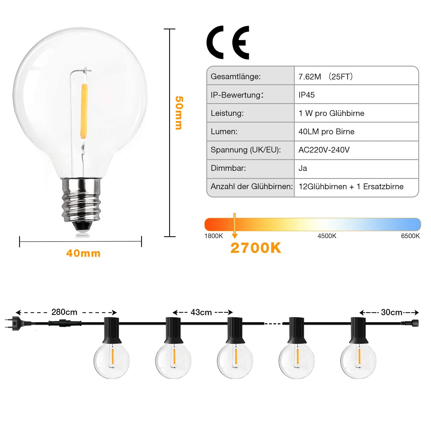Utomhus ljusslinga LED, 7 M ljusslinga utomhus G40-strängljus Utomhusutbyggbar med 12 + 1 G40 -glödlampor IP45 Vattentät inomhus/utomhus led för trädgård, uteplats, garage, bröllop, fester