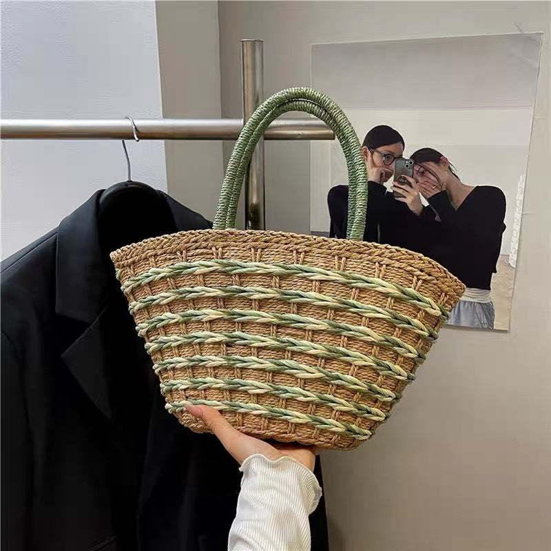 Color-Block Womens Handwoven High-Capacity Shoulder Beach Basket Bag For Vacation