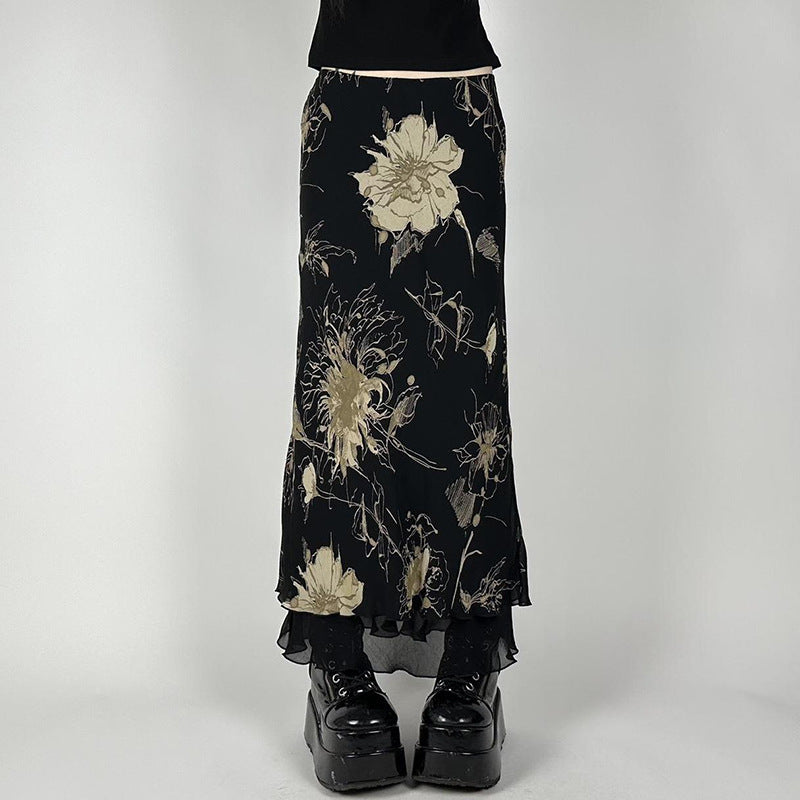 Women's Vintage Tie-dyed Floral Printed Mesh Skirt