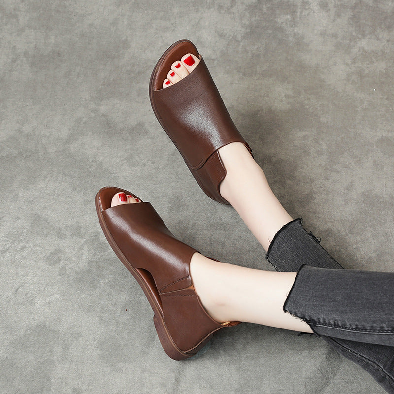 British Genuine Leather Slip On Peep Toe Sandals Flat