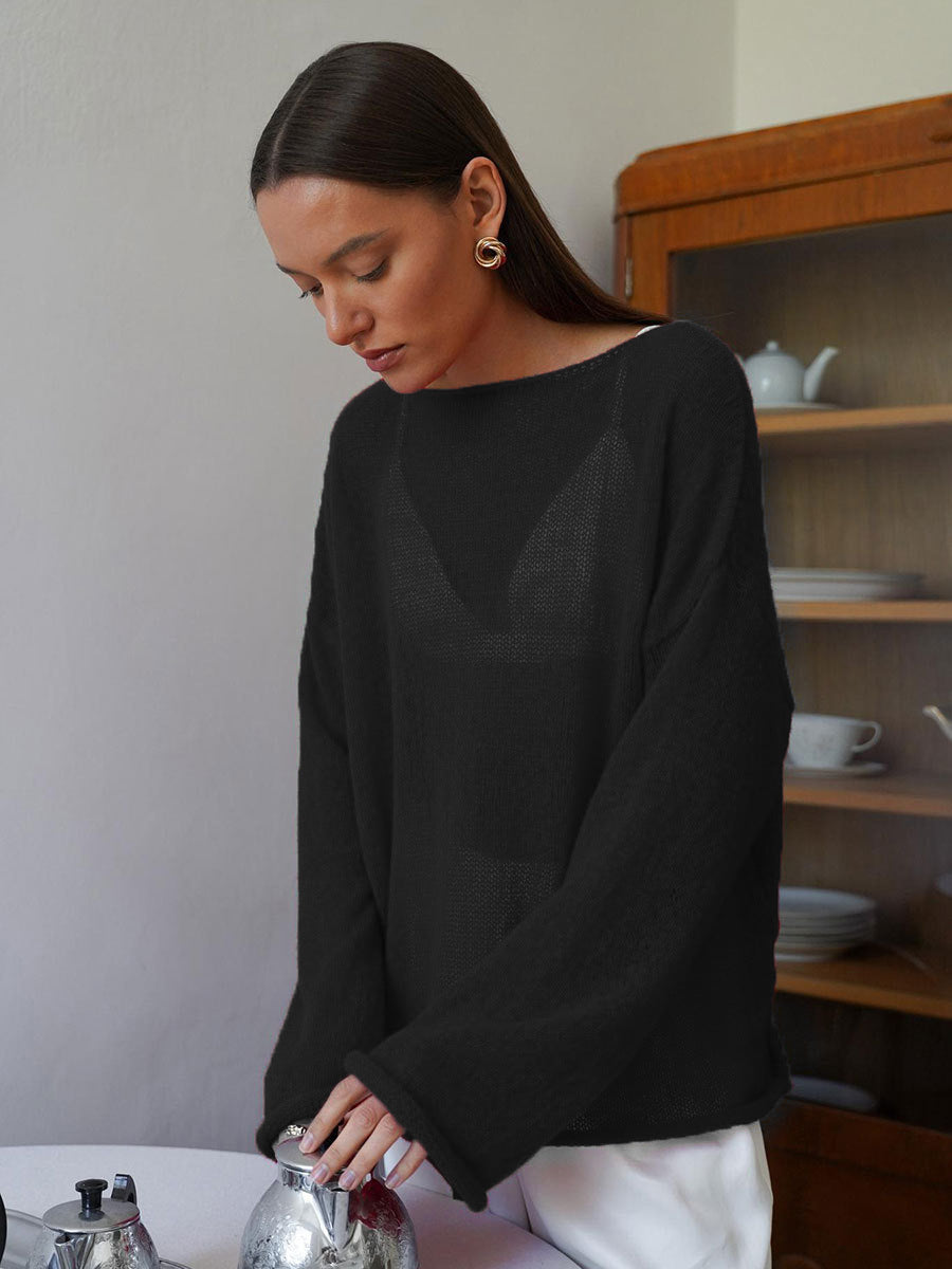 Hollow Sweater Thin Scoop Bell Sleeve Women