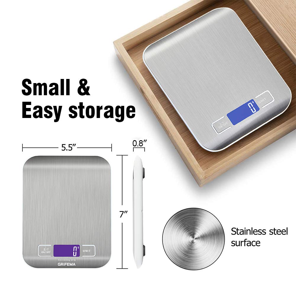 GRIFEMA - GA2002, köksvåg med LCD-skärm, rostfritt stål, multifunktionell matvåg 5 kg/11 lbs, blå [Amazon Exclusive]