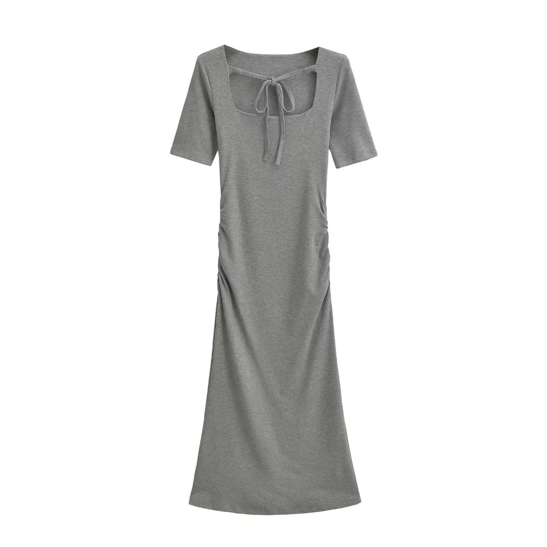 Square Neck Tie-waist Pleated Short Sleeve Dress
