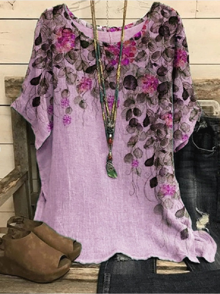New Casual Loose Printed Crew Neck Top