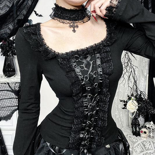 New Dark Temperament Buckle Lace Trim Autumn And Winter Inner Top