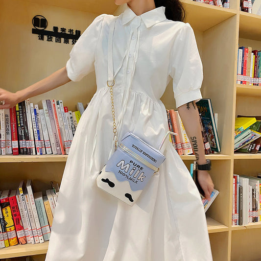 Funny Embroidery Milk Carton Laser Straw Crossbody Bag