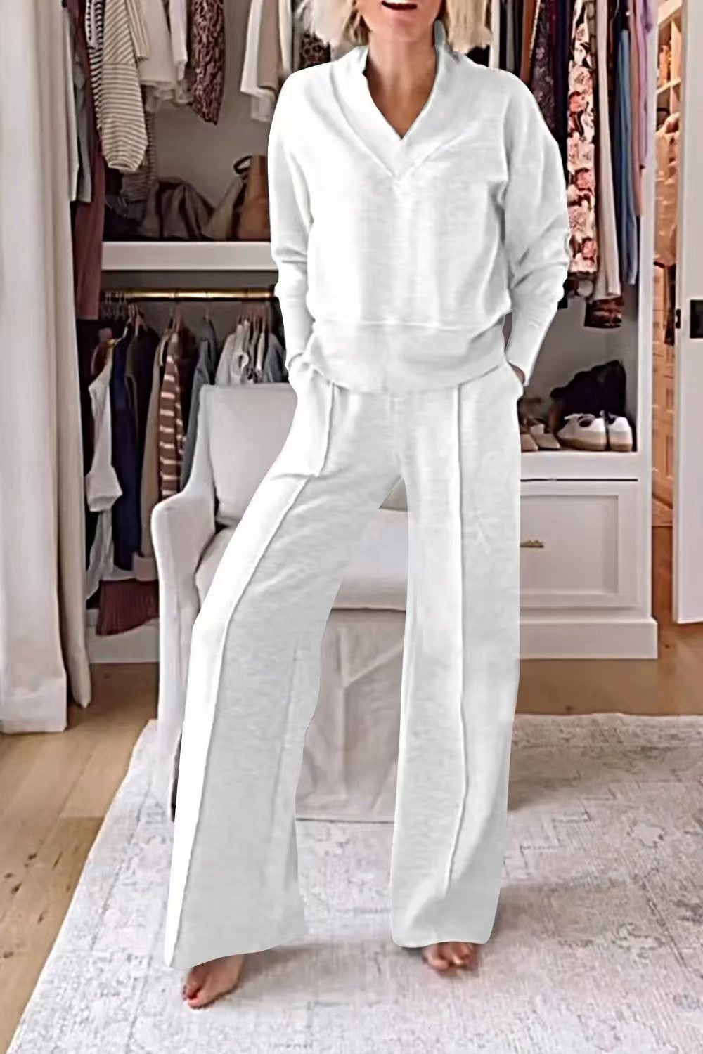 Women's Pullover Suit Casual Collared Long-Sleeved V-neck Top And Loose Straight-Leg Pants Fashion Sweatshirt Sport Trousers Set