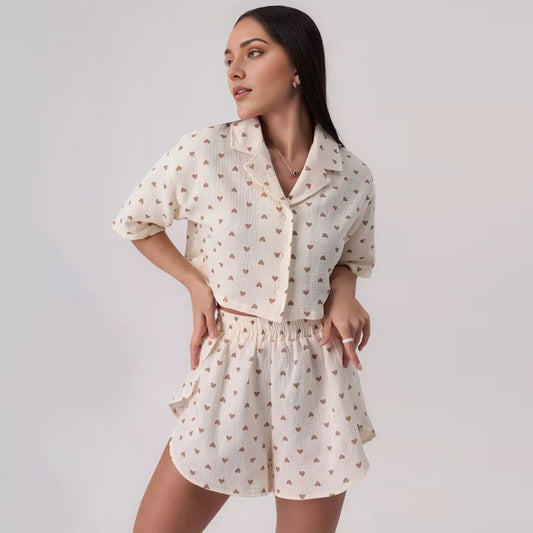 Womens Short-Sleeve Slit-Edge Shorts Two-Piece Set