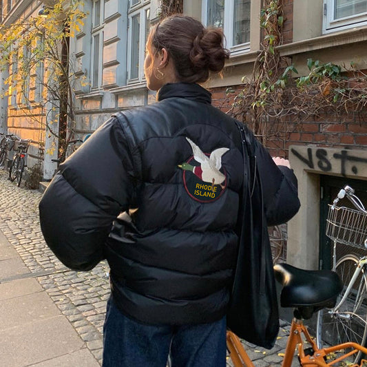 American Retro Black Embroidered Stand Collar Padded