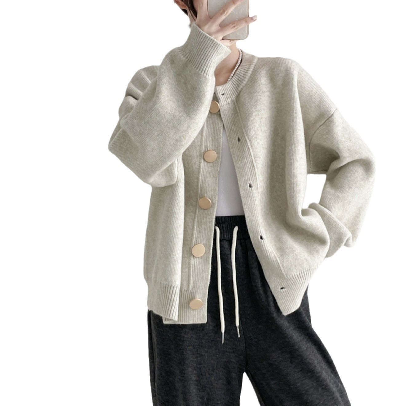 Round Neck Solid Color Loose Knitted Cardigan Women's Autumn And Winter