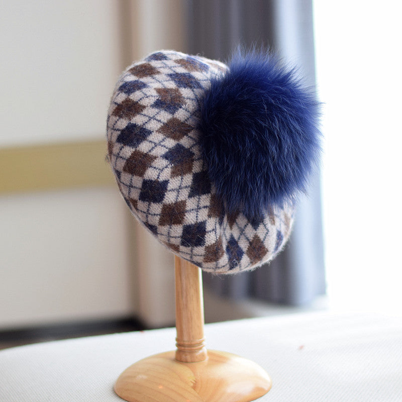 Women's Autumn And Winter Check Fur Ball Wool Beret