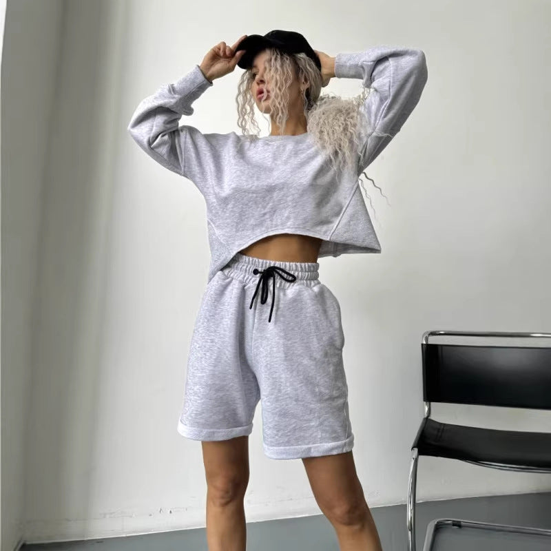 Women's Casual Set Asymmetrical Hem Short-Sleeve Top With Drawstring Shorts