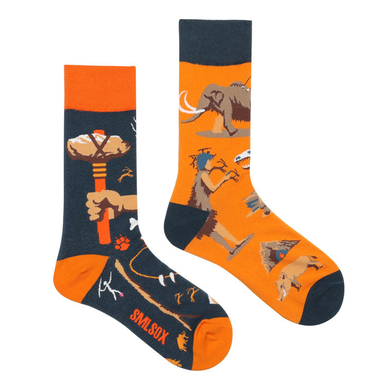 Asymmetrical Color Retro Personality Male And Female Couple Mid-length Cotton Socks