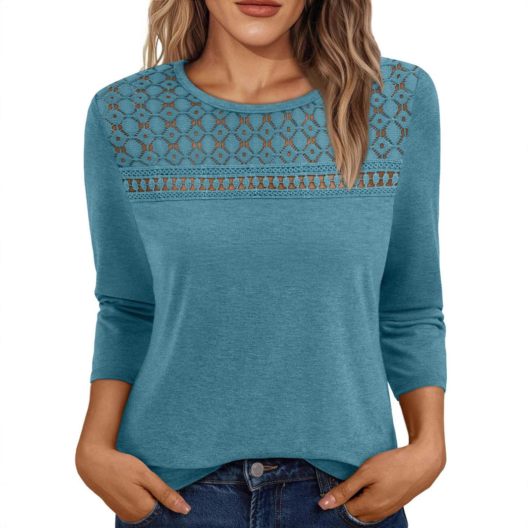 Women's Round Neck Top Lace Hollow Breathable All-match Long Sleeve