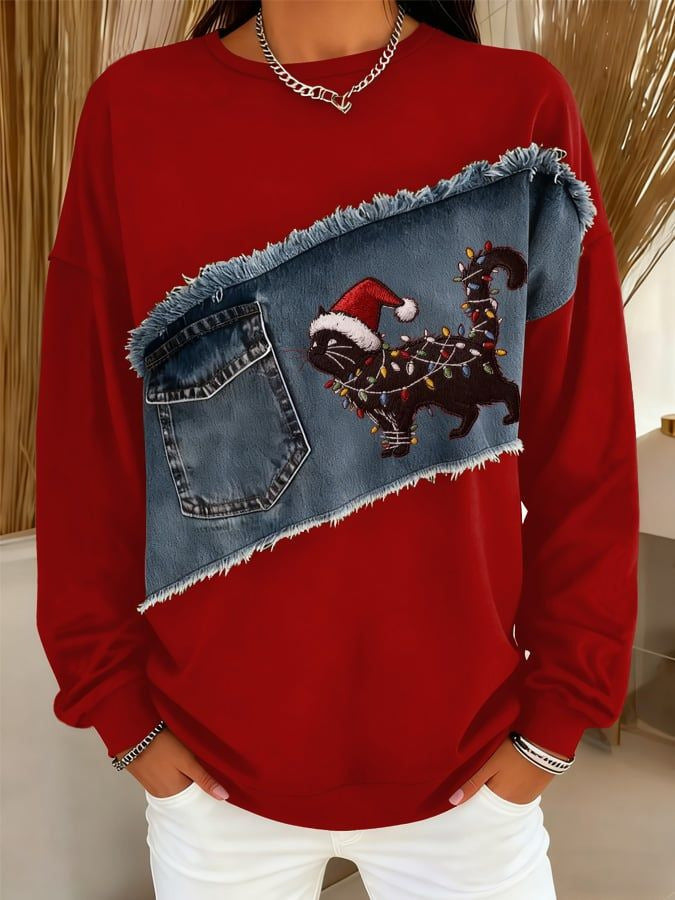 Womens Retro Crew-Neck Long-Sleeve Sweatshirt Top
