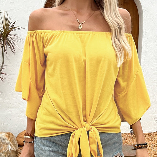 Sommer Efterår Dame Tøj Ensfarvet Off-shoulder Afslappet T-shirt Top