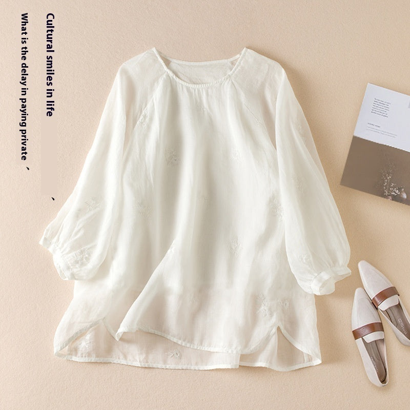 Cotton And Linen Thin Embroidery Loose Shirt