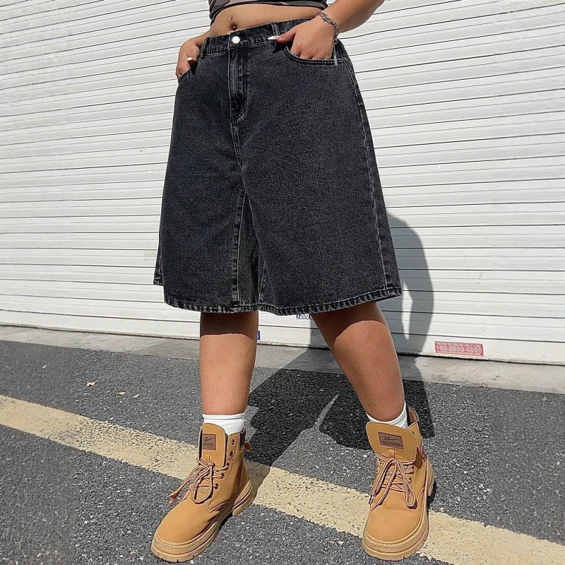 Denim Cropped Pants, Loose Straight-Leg Mid-Length Trousers, Womens American Street Style