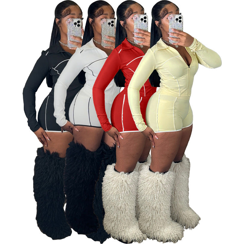 Womens Slim-Fit Zippered Long-Sleeve Top And Shorts Two-Piece Set