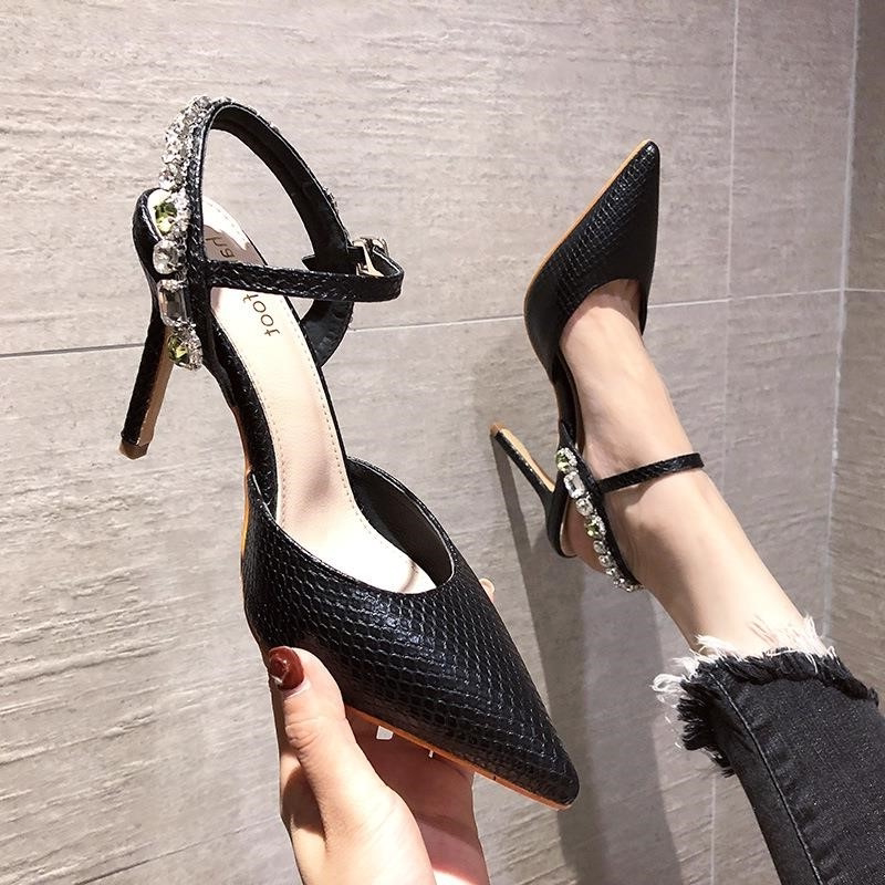 Pointed Toe Sandals Fashion Stiletto Heel Rhinestone Snake Pattern