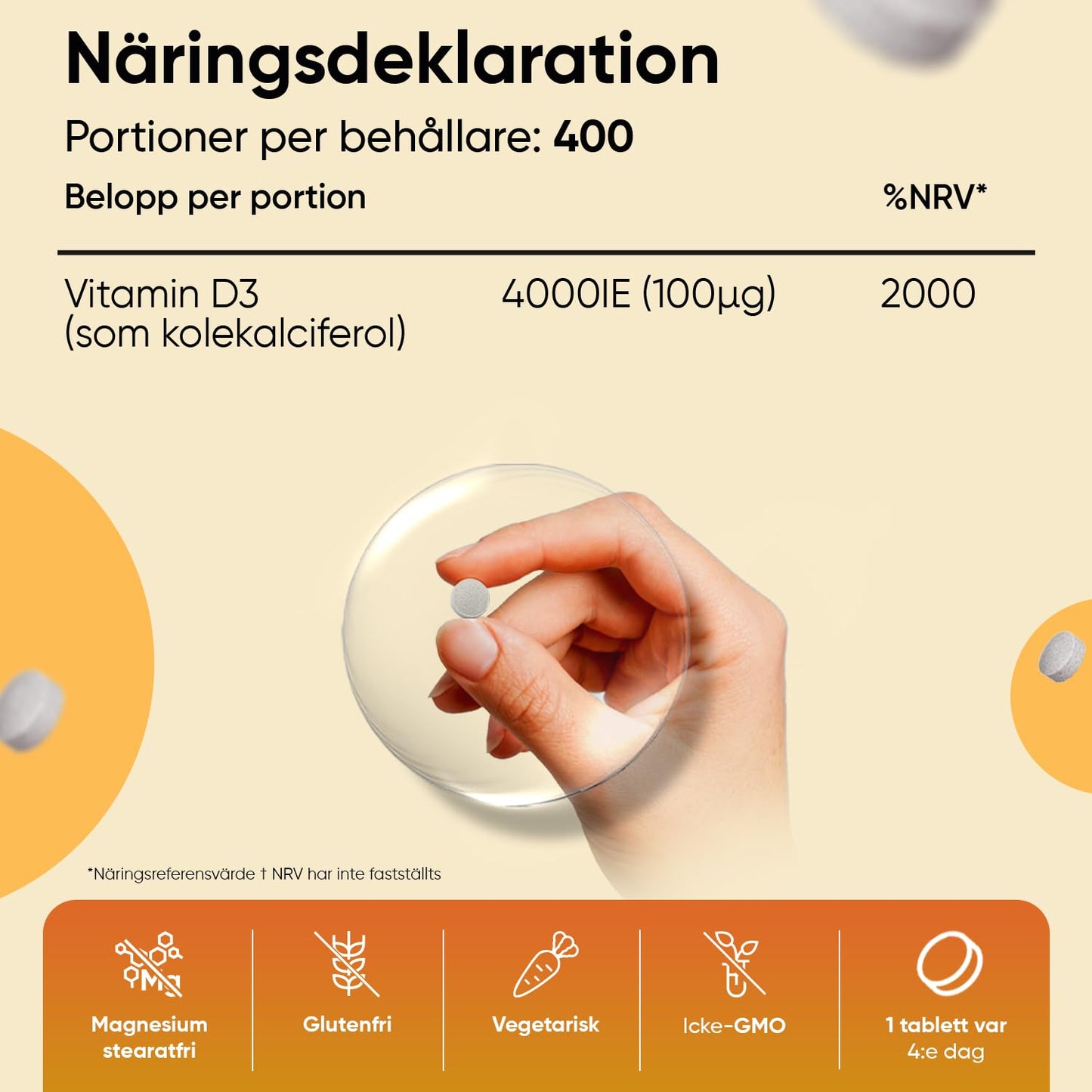 Vitamin D3 4000 IU - 400 tabletter (1 tablett varannan dag) - Solvitamin för immunförsvar, ben, tänder och muskler (EFSA) - 100% ren kolekalciferol vitamin D från WeightWorld