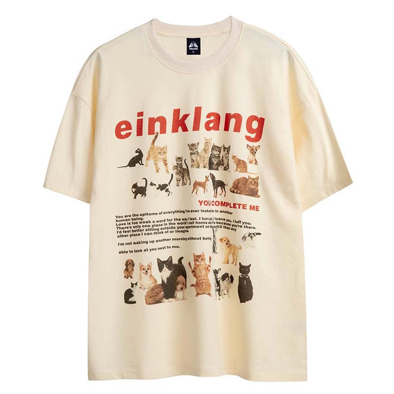 Street Retro Cute Cat Puppy Printed Short Sleeve