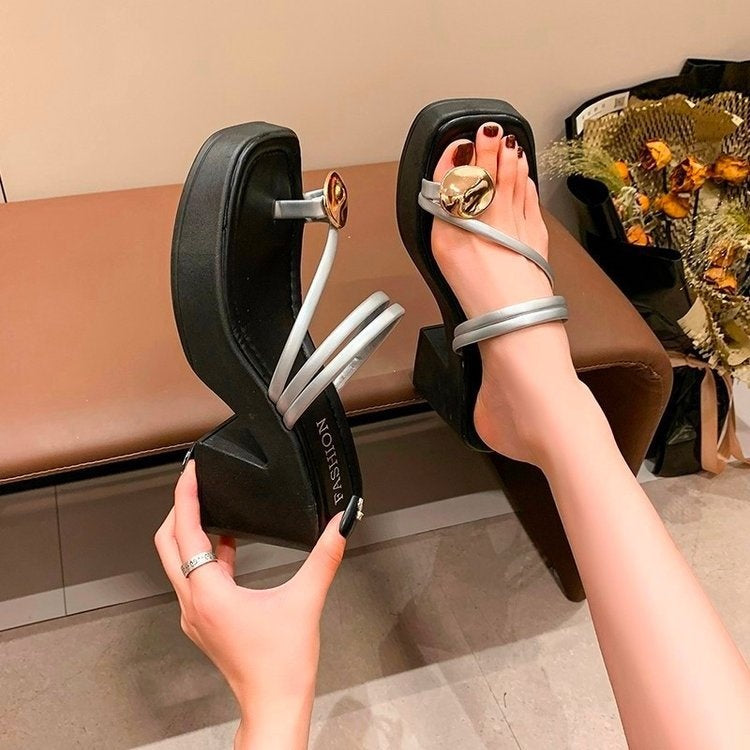 New Summer Women's Toe Ring Heeled Sandals, Fashion Open Toe Slip-On Slides, Elegant High Heel Sandals For Dresses, Casual Versatile Outdoor Slides