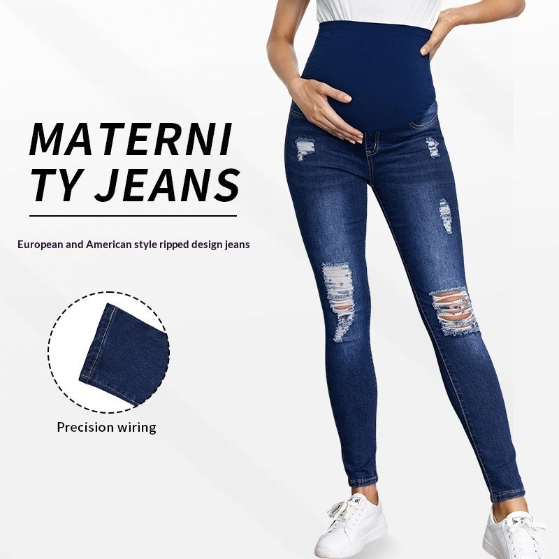 High-waisted Belly-supporting Ripped Maternity Jeans