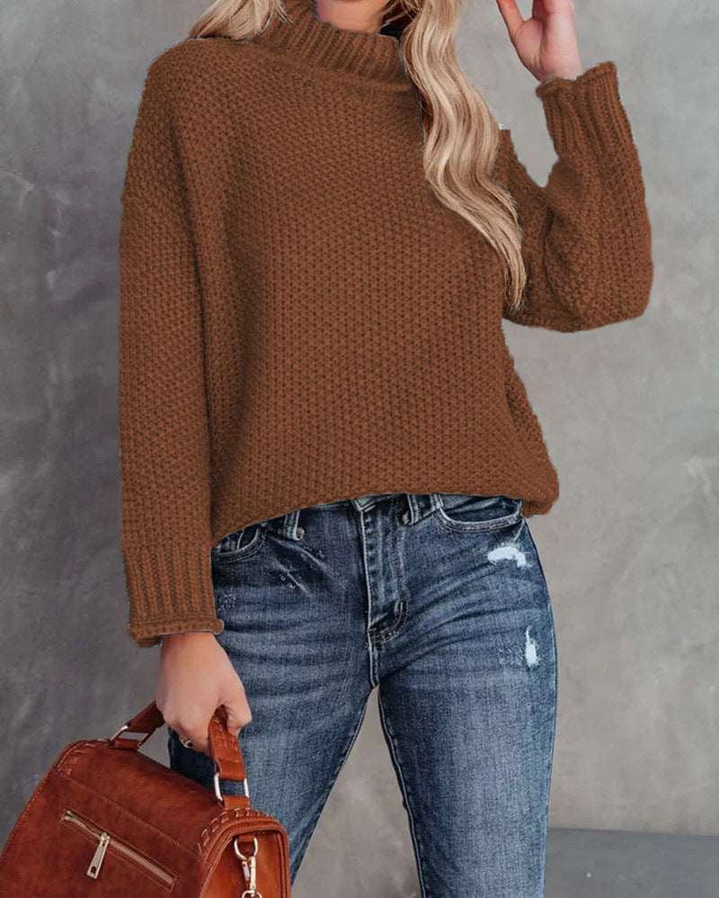 Women's High-neck Long-sleeve Rolled-edge Knit Sweater