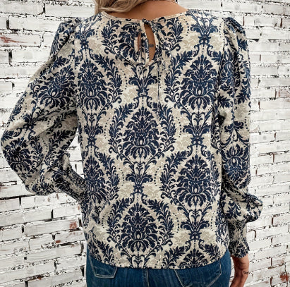Printed Lantern Sleeve Round Neck Tied Shirt Top