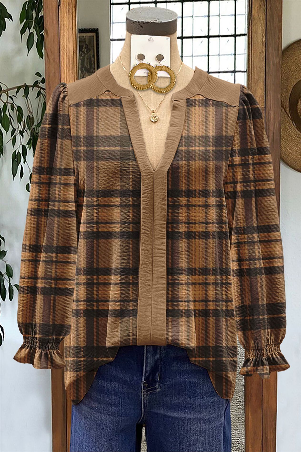 Women's Shirt Loose V-Neck Long Sleeve