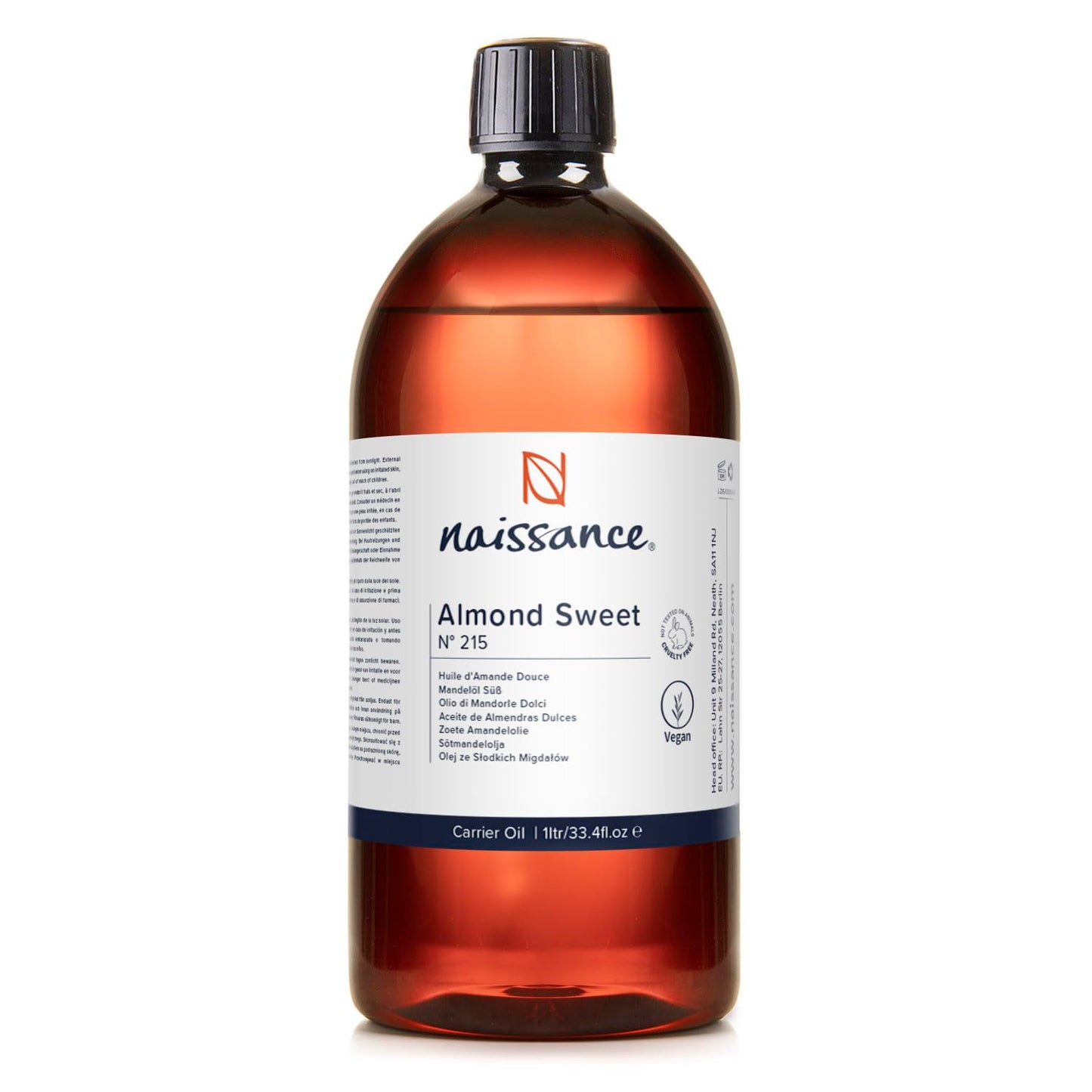 Naissance Söt Mandelolja (nr. 215) 1 Liter - Ren, Naturlig, Grymhet Gratis, Vegan, Nej GMO - Närande och återfuktande - Hår, Hud, Kroppsnagelband och Skägg