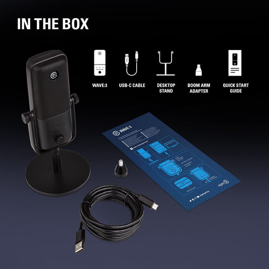 Elgato Wave:3, förstklassig USB-kondensatormikrofon av studiokvalitet, för strömning, poddsändning, spel, hemmakontor, gratis mixerprogramvara, ljudeffekts, anti-distorsion, plug’n’play, Mac, PC