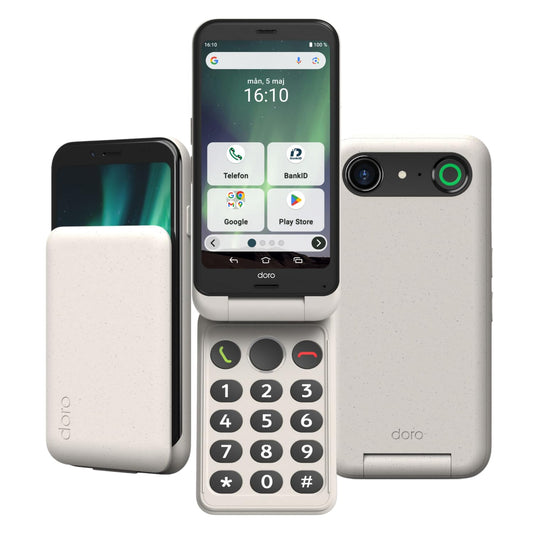 DORO – Vikbar Smartphone Doro Aurora A21 – Seniortelefon – Lätt att Använda – Assistansknapp med GPS-positionering – Kompatibel med Hörapparater – USB-kabel ingår – Vit