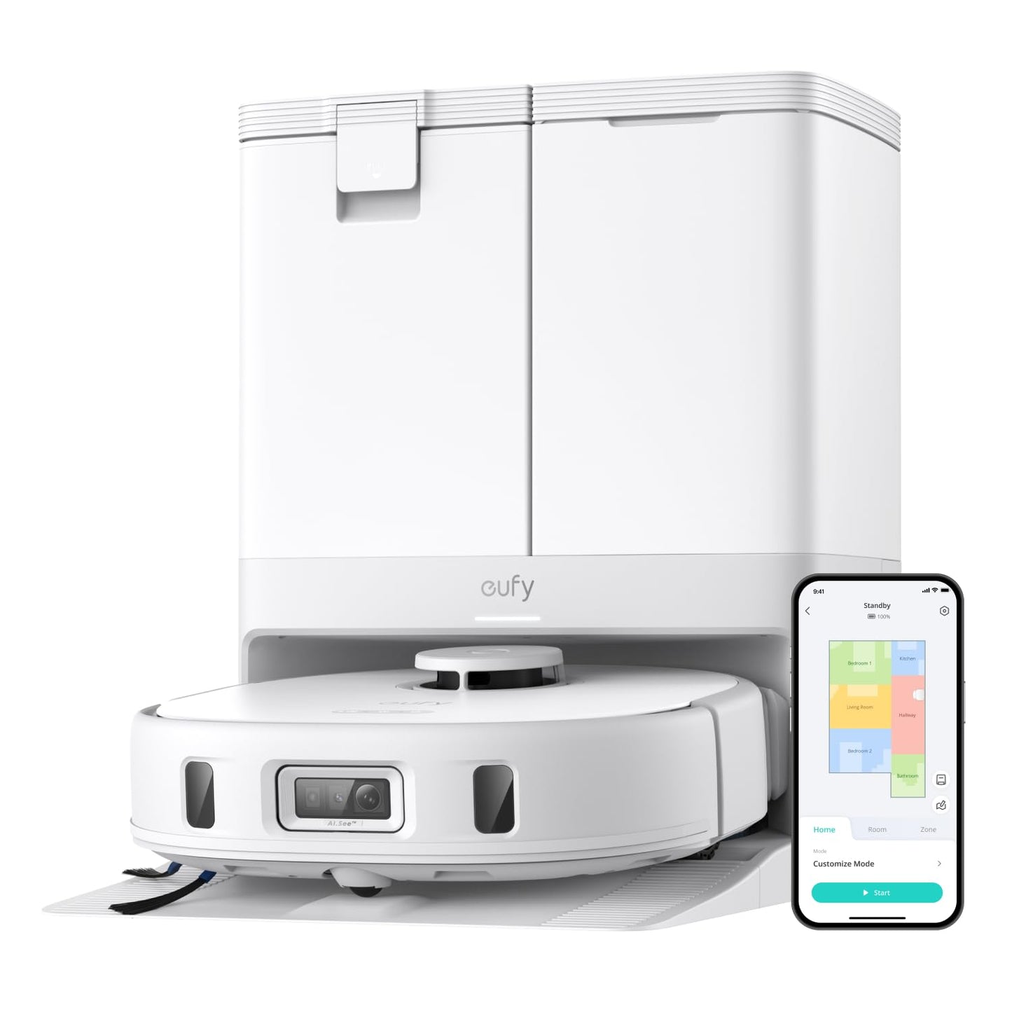 Anker eufy X10 Pro Omni Robotdammsugare med Mopp, 8 000 Pa, Trycksatt dubbel roterande mopp med 12 mm Automatisk Lyftning, Hårtrasselavlägsning, Tyst Design, AI Hinderundvikning, Allt-i-ett-station