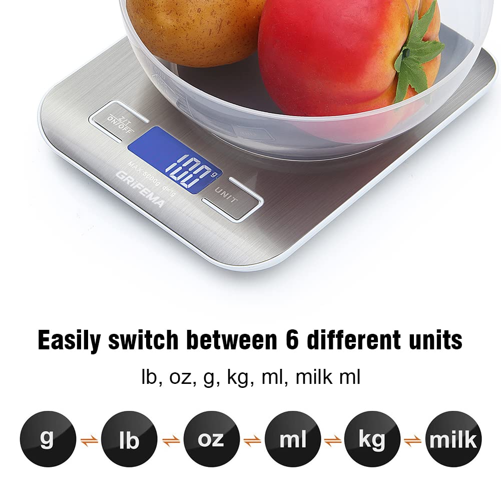 GRIFEMA - GA2002, köksvåg med LCD-skärm, rostfritt stål, multifunktionell matvåg 5 kg/11 lbs, blå [Amazon Exclusive]