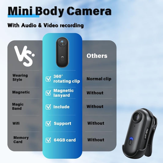 SHPTDJTIC 4K kroppskamera, POV Pro 4K, bärbar kamera med 360° roterande klämma och magnetiskt klipp, 120 minuter för inspelning, ta för konferens, resor, promenad