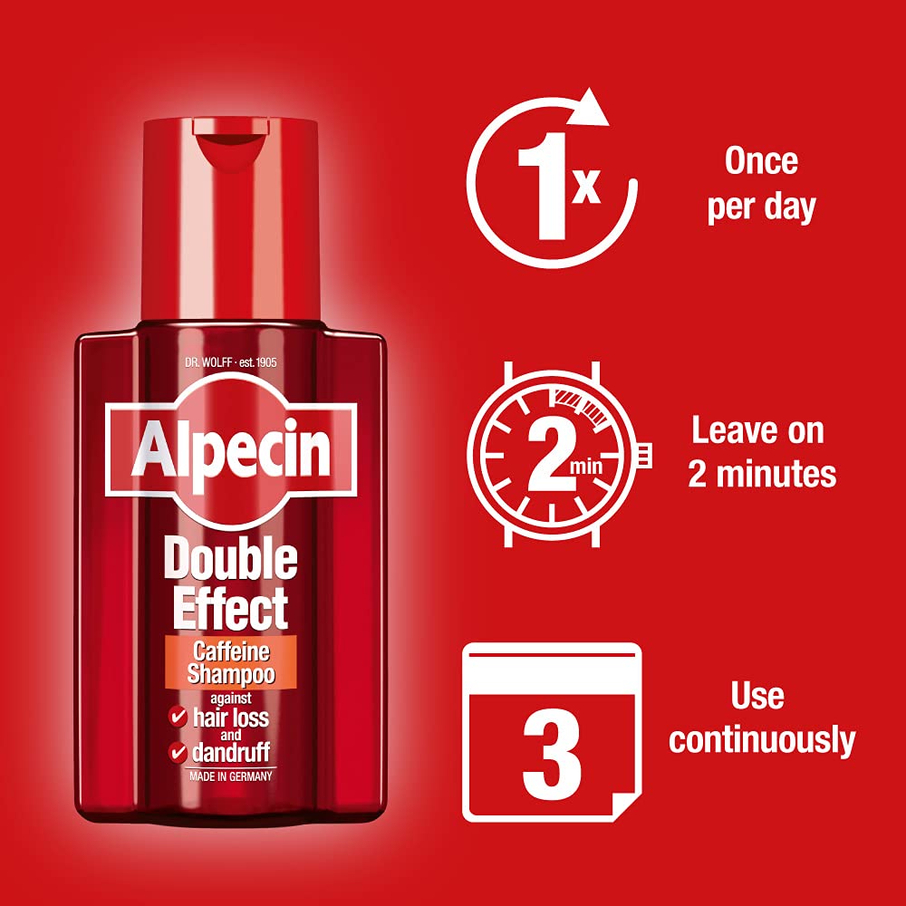 Alpecin Double Effect Schampo 1x 200ml | Avlägsna mjäll och få en naturlig hårtillväxt | Energizer för starkt hår | Hårvård för män som tillverkats i Tyskland