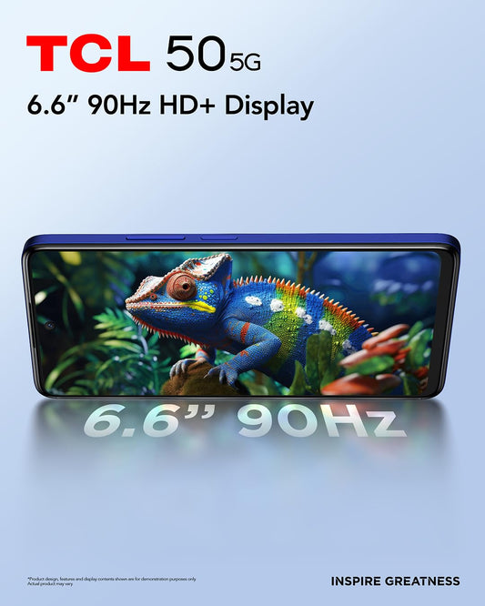 TCL Mobil 50 5G smartphone, MediaTek Dimensity 6100+ chipset, 6,56 tum HD+ 90Hz skärm, 128, 8 RAM, 4 och 4 RAM-förlängning, 50 MP hybrid dubbel kamera, Android 14, 5010 mAh