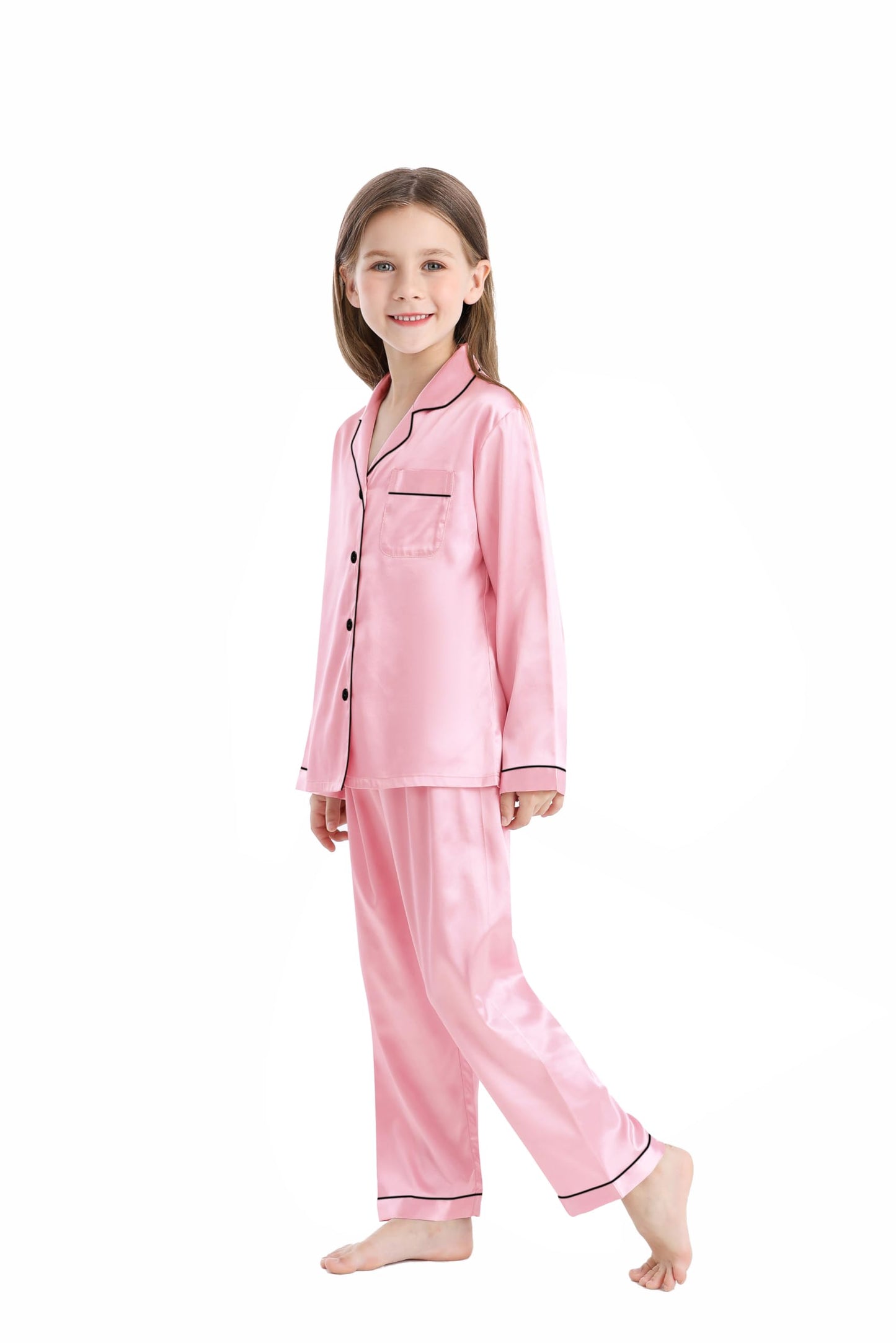 SWOMOG Silkessyjamas för flickor, långärmad, satin, nattkläder, barn, pyjamas, set med knappar, barn, nattkläder, tryck, pyjamas, ålder 6-17