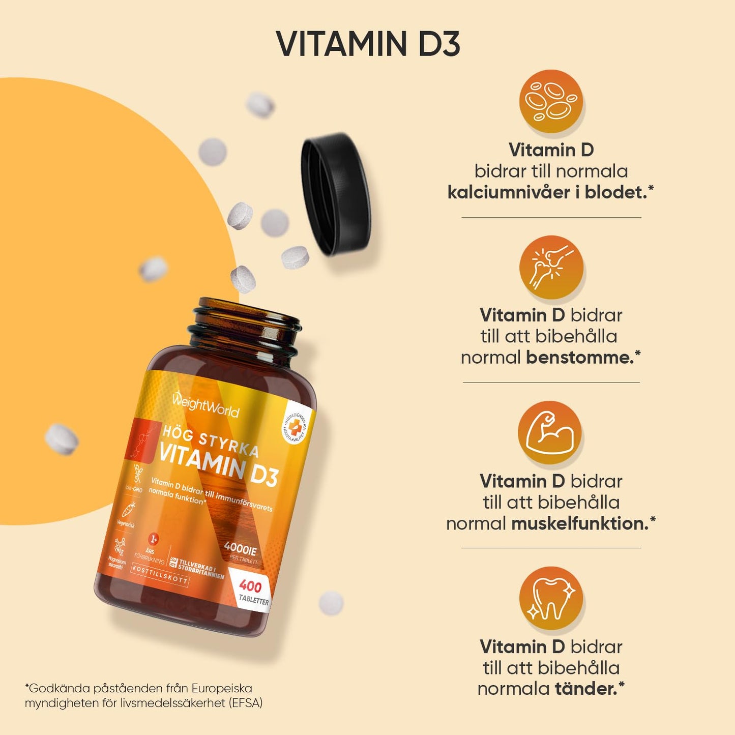 Vitamin D3 4000 IU - 400 tabletter (1 tablett varannan dag) - Solvitamin för immunförsvar, ben, tänder och muskler (EFSA) - 100% ren kolekalciferol vitamin D från WeightWorld