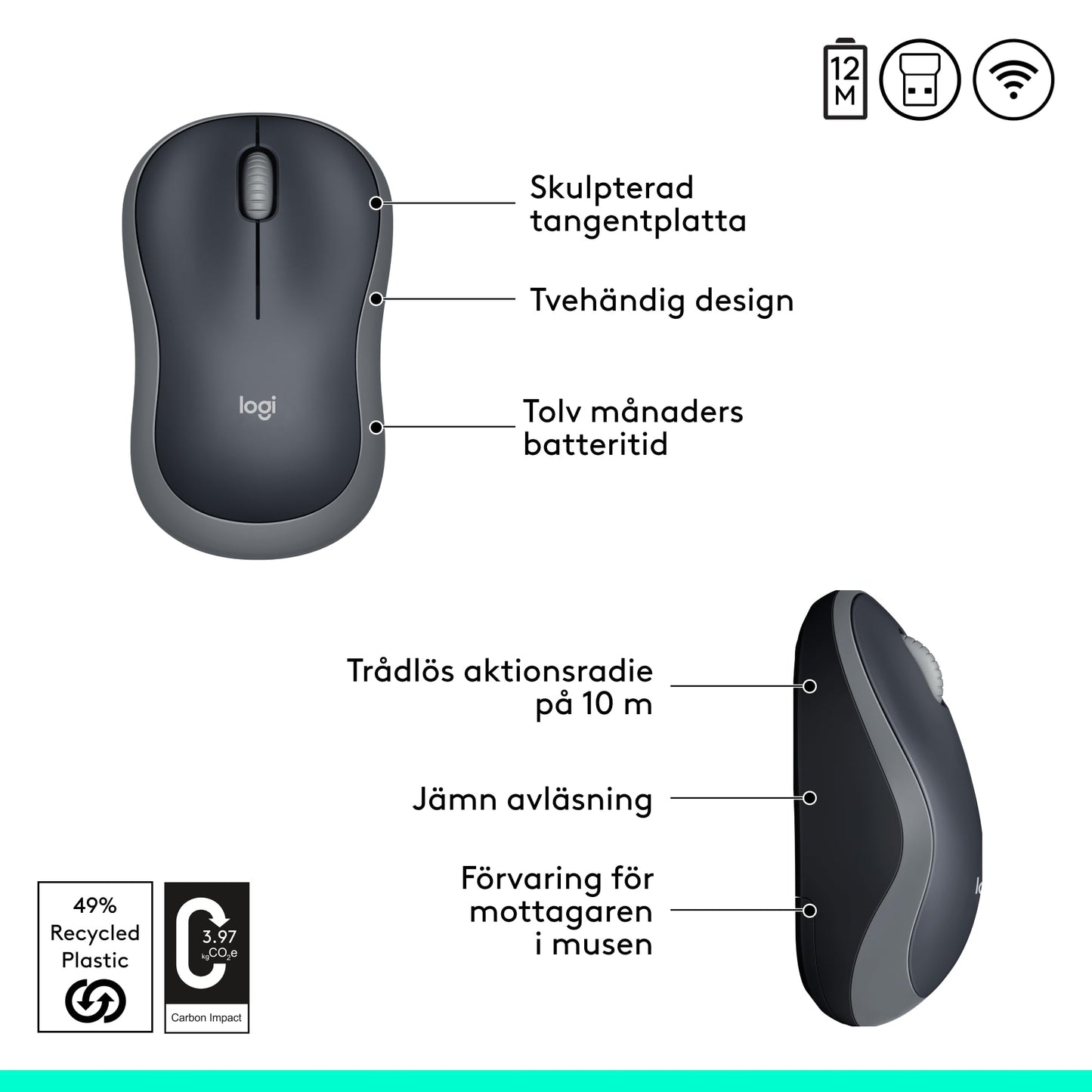 Logitech 910-002235 M185 trådlös mus USB för PC Windows, Mac och Linux, Grå,Svart