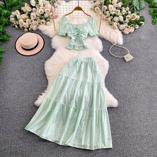 Hollowed-out Embroidered V-Neck Shirt With Ruffled Long Skirt